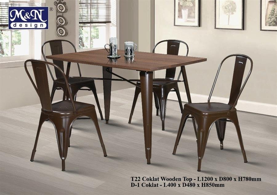 Metal Bar Table set with Coklat Wooden Top - T22 + D1