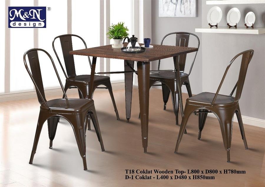 Metal Bar Table set with Coklat Wooden Top - T18 + D1