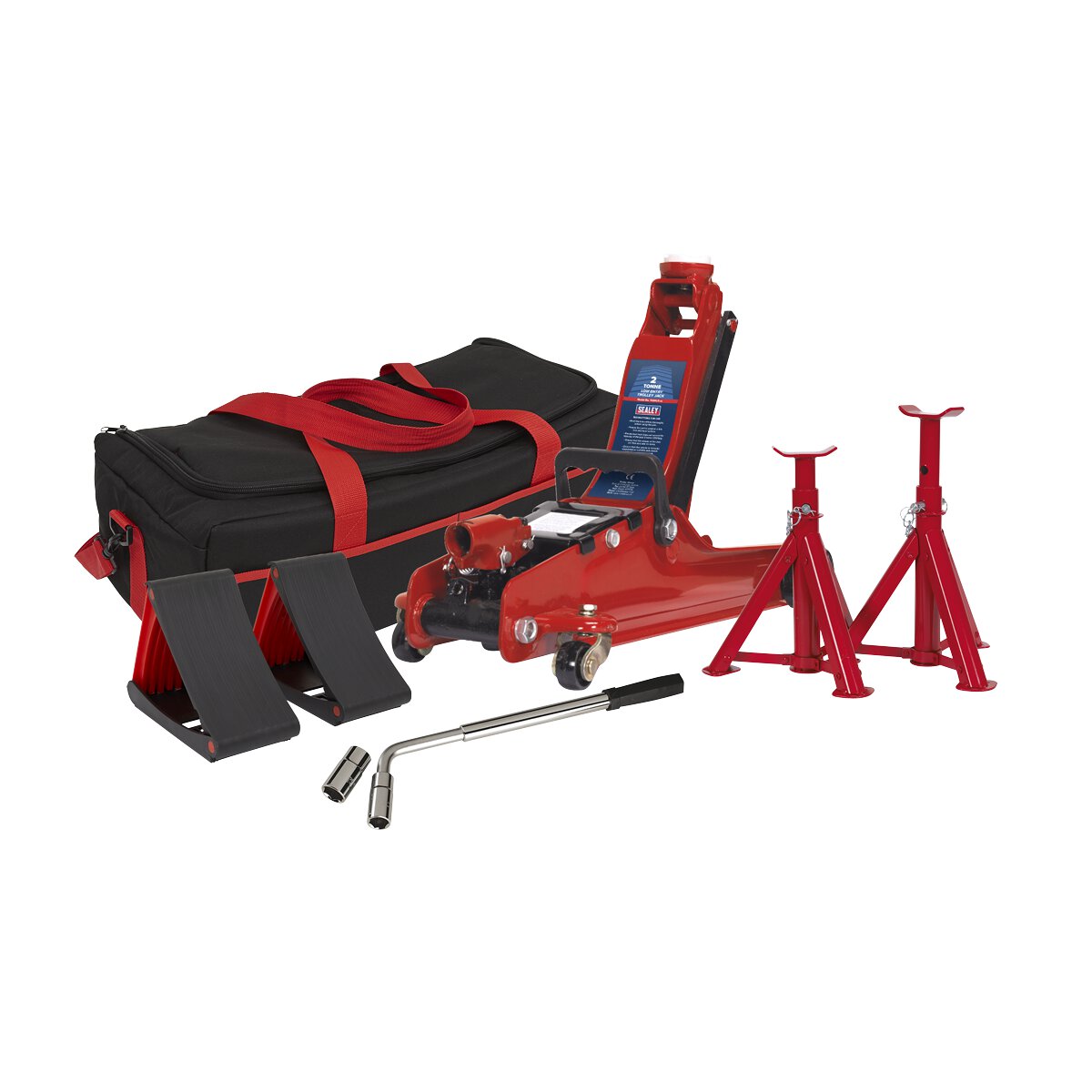 Trolley Jack 2tonne Low Entry Short Chassis - Red and Accessories Bag Combo