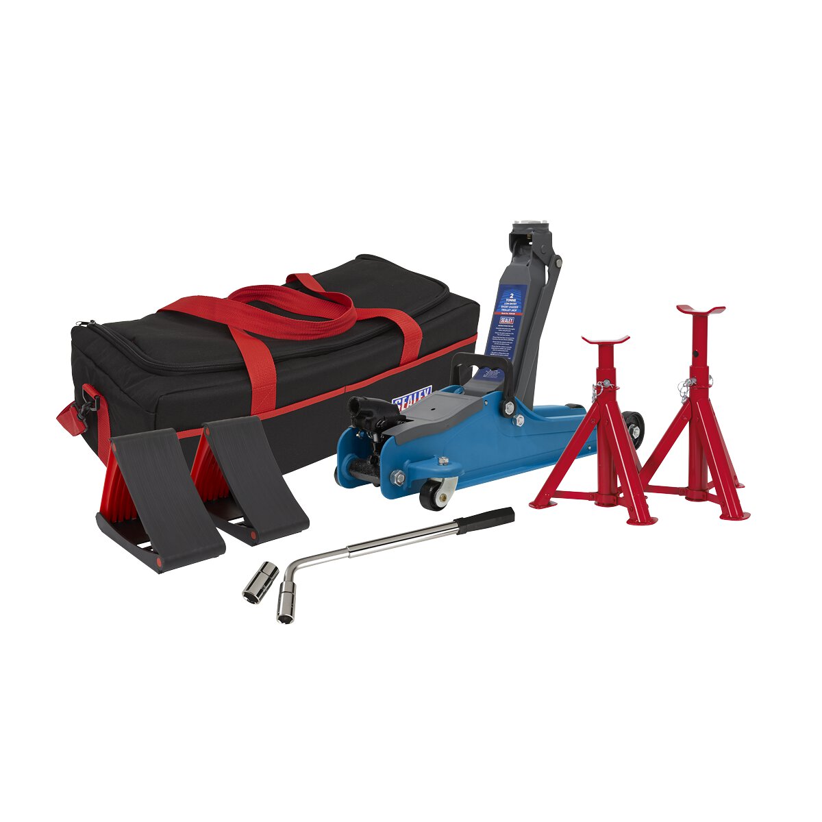 Trolley Jack 2tonne Low Entry Short Chassis - Blue and Accessories Bag Combo