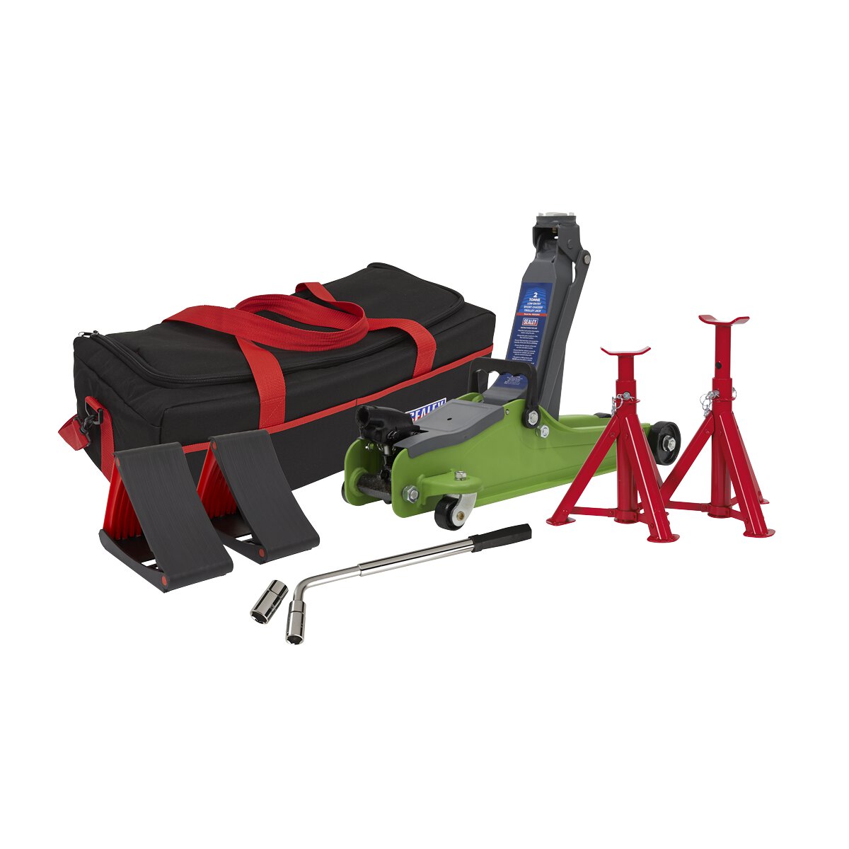 Trolley Jack 2tonne Low Entry Short Chassis - Hi-Green and Accessories Bag Combo