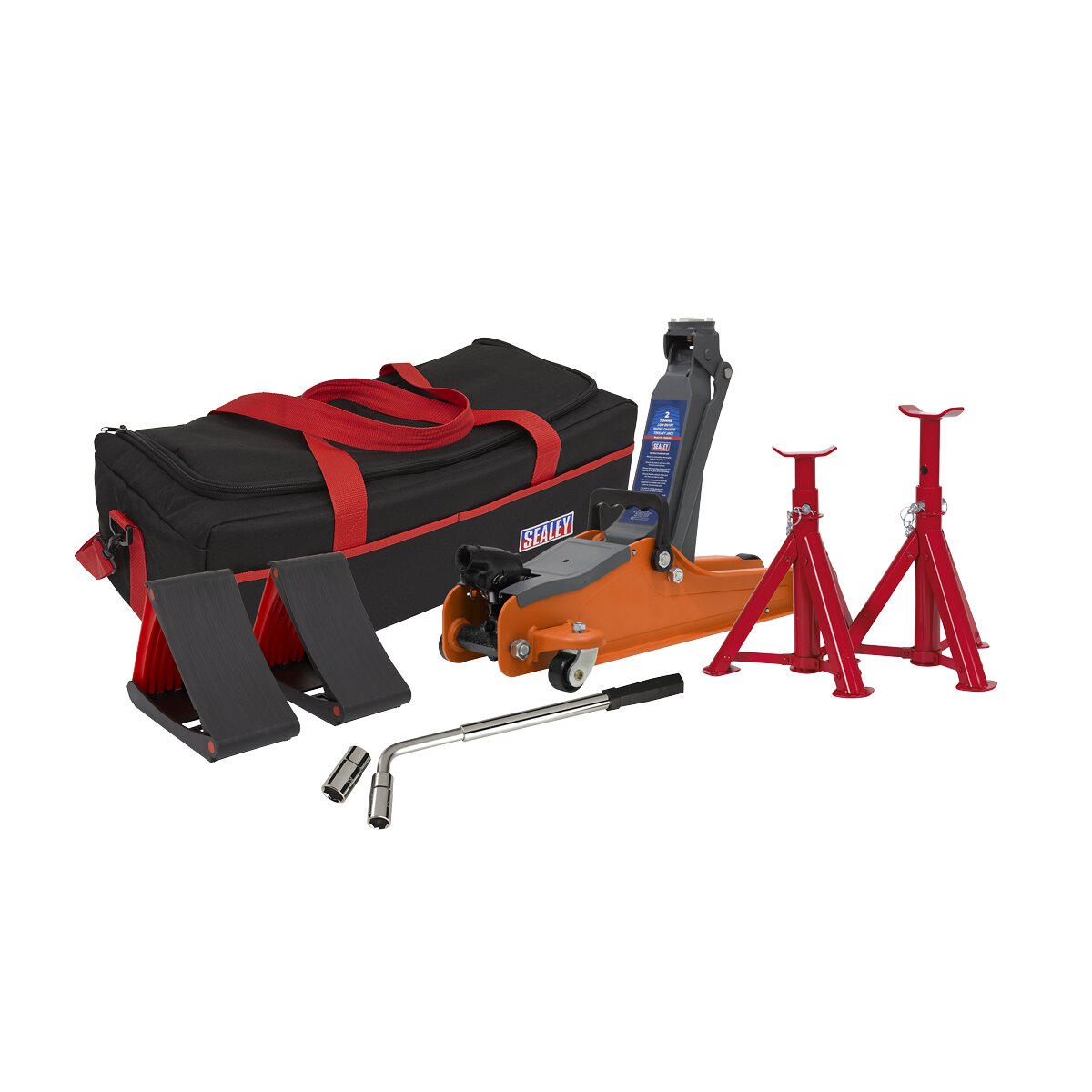 Trolley Jack 2tonne Low Entry Short Chassis - Orange and Accessories Bag Combo