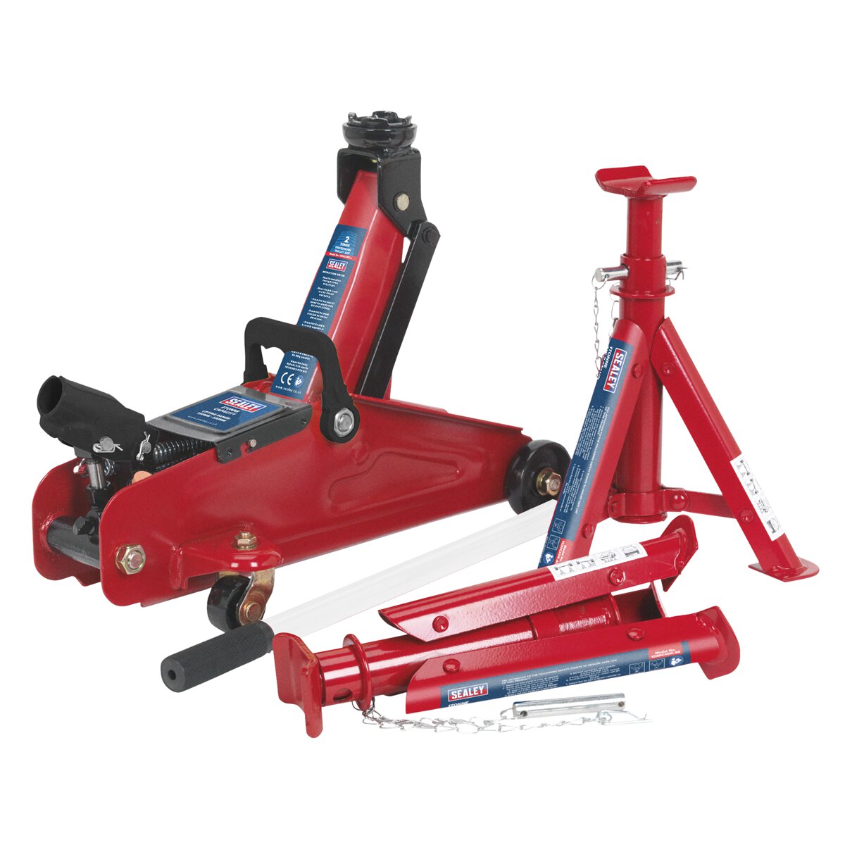 Trolley Jack 2tonne Short Chassis with Axle Stands (Pair) 1tonne Capacity per Stand & Storage Case