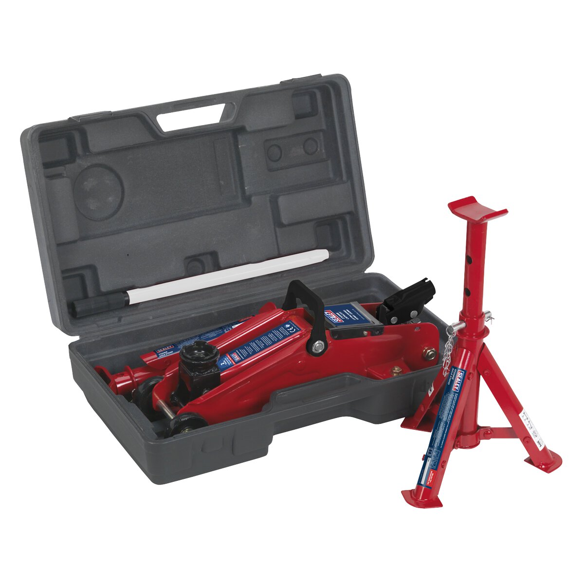 Trolley Jack 2tonne Short Chassis with Axle Stands (Pair) 1tonne Capacity per Stand & Storage Case