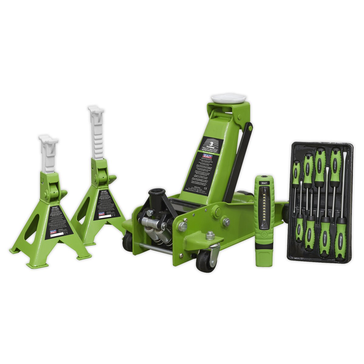 Trolley Jack 3tonne Super Rocket Lift & Axle Stands (Pair) 3tonne Capacity per Stand-Hi-Vis Combo