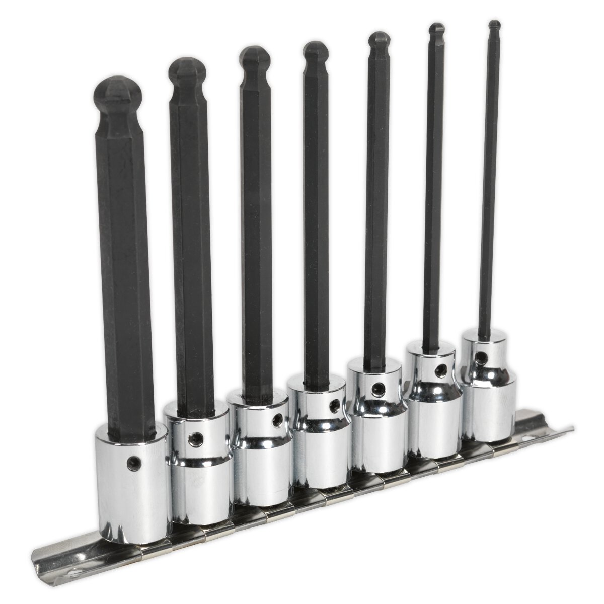 Ball-End Hex Socket Bit Set 7pc 3/8"Sq Drive 110mm Metric