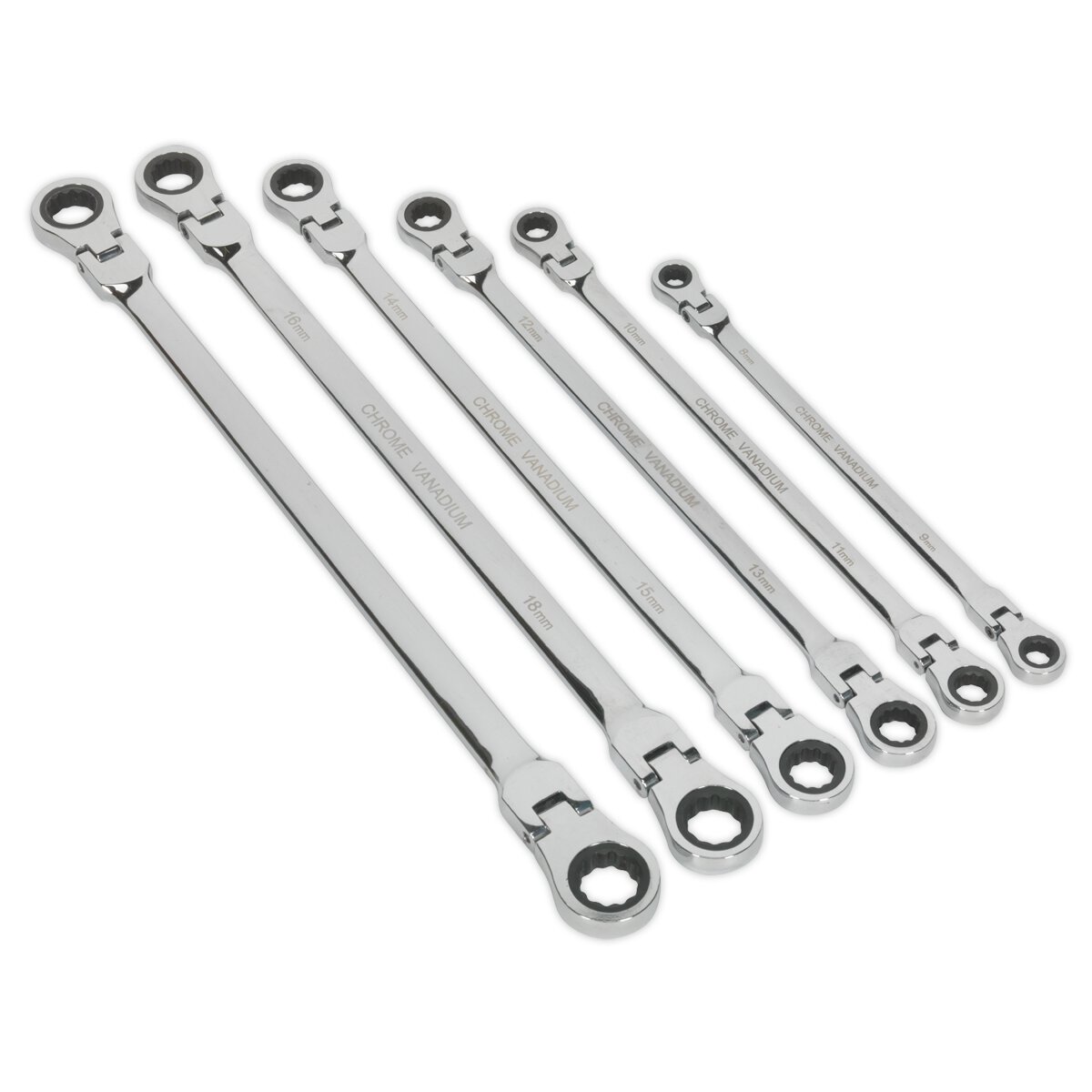 Flexi-Head Double End Ratchet Ring Spanner Set 6pc Extra Long Metric