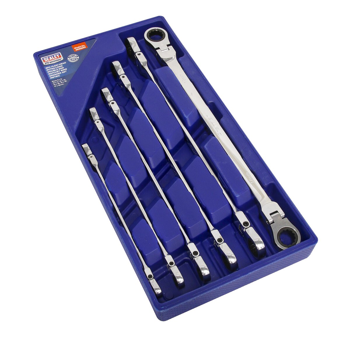 Flexi-Head Double End Ratchet Ring Spanner Set 6pc Extra Long Metric