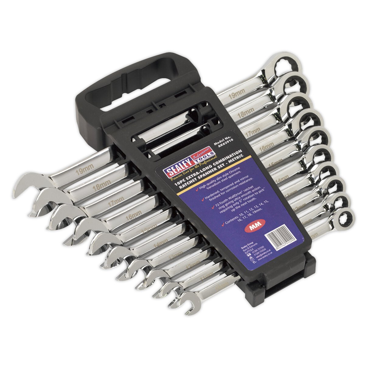 Combination Ratchet Spanner Set 10pc Extra Long Metric