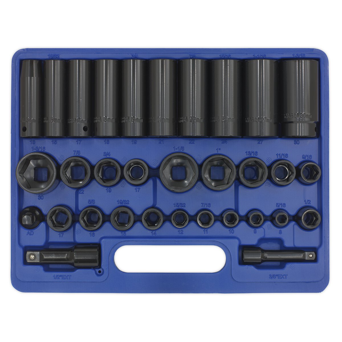 Impact Socket Set 32pc Standard/Deep 3/8" & 1/2"Sq Drive Metric/Imperial
