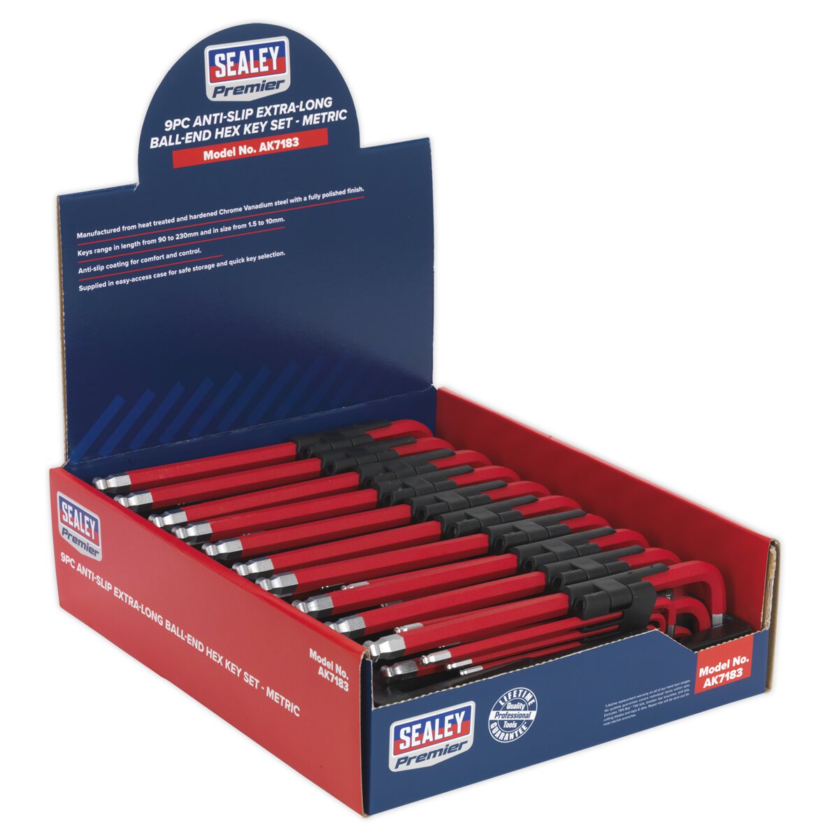 Ball-End Hex Key Set 9pc Extra Long Anti-Slip Display Box of 10