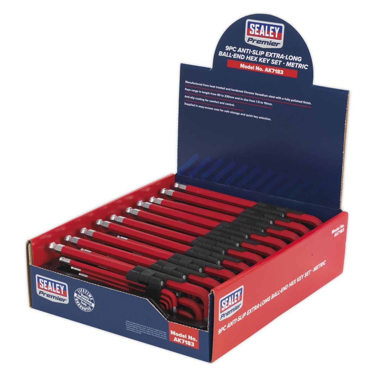 Ball-End Hex Key Set 9pc Extra Long Anti-Slip Display Box of 10