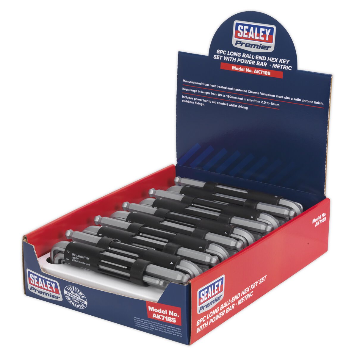 Ball-End Hex Key Set with Power Bar 8pc Long Display Box of 10