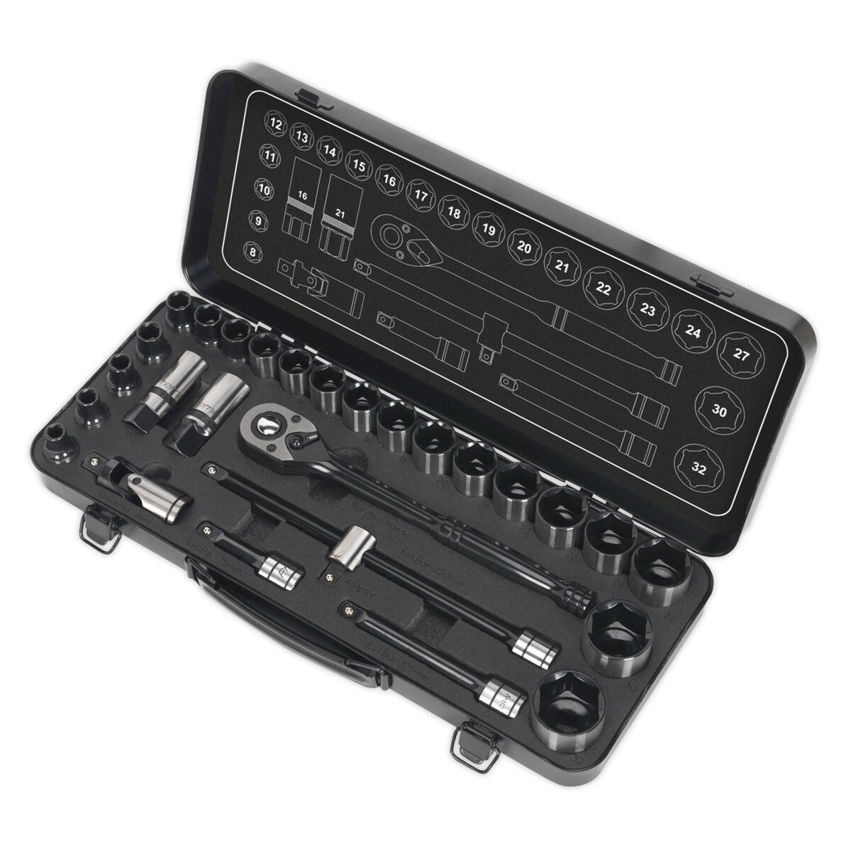 Socket Set 28pc 1/2"Sq Drive 6pt WallDrive® Metric Black Series