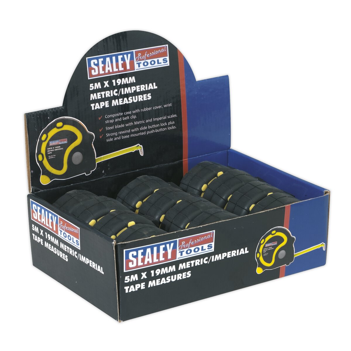 Rubber Tape Measure 5m(16ft) x 19mm Metric/Imperial Display Box of 12