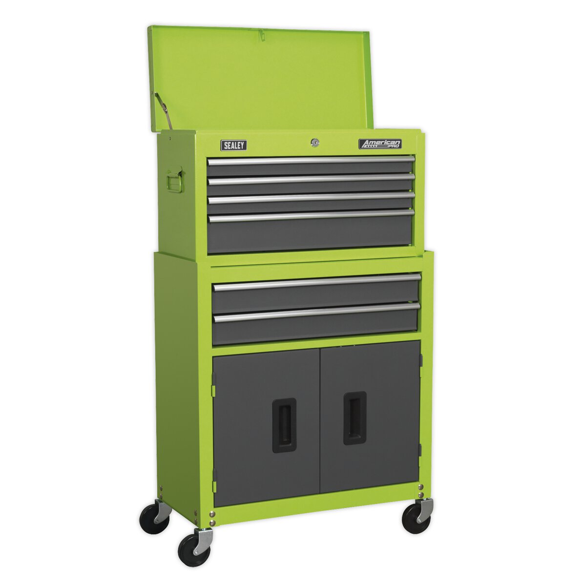 Topchest & Rollcab Combination 6 Drawer with Ball Bearing Slides - Hi-Vis Green/Grey
