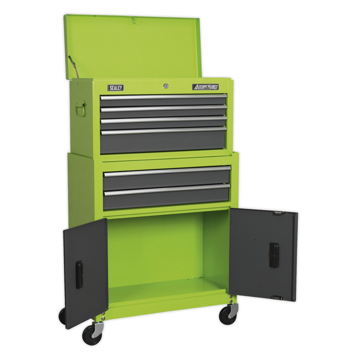 Topchest & Rollcab Combination 6 Drawer with Ball Bearing Slides - Hi-Vis Green/Grey