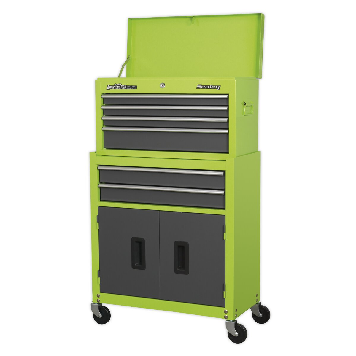 Topchest & Rollcab Combination 6 Drawer with Ball Bearing Slides - Hi-Vis Green/Grey