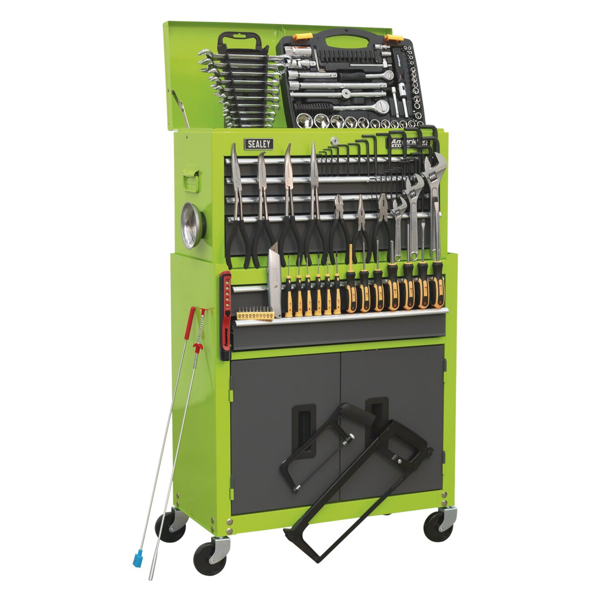 Topchest & Rollcab Combination 6 Drawer Ball Bearing Slides - Hi-Vis Green/Grey & 128pc Tool Kit