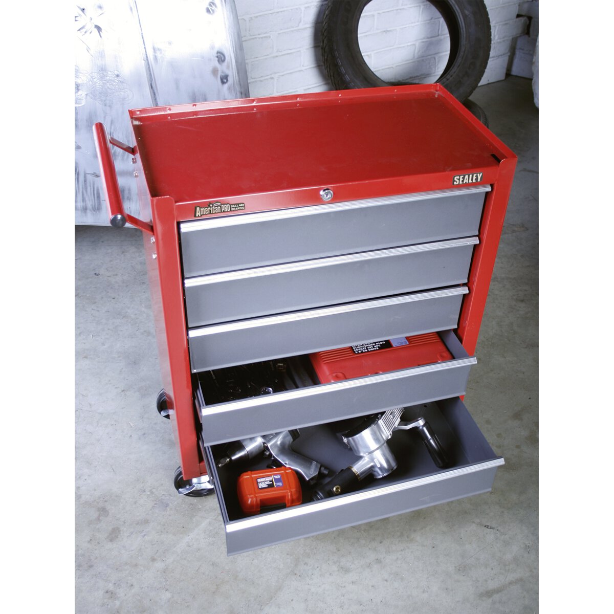 Rollcab 5 Drawer with Ball Bearing Slides - Red/Grey