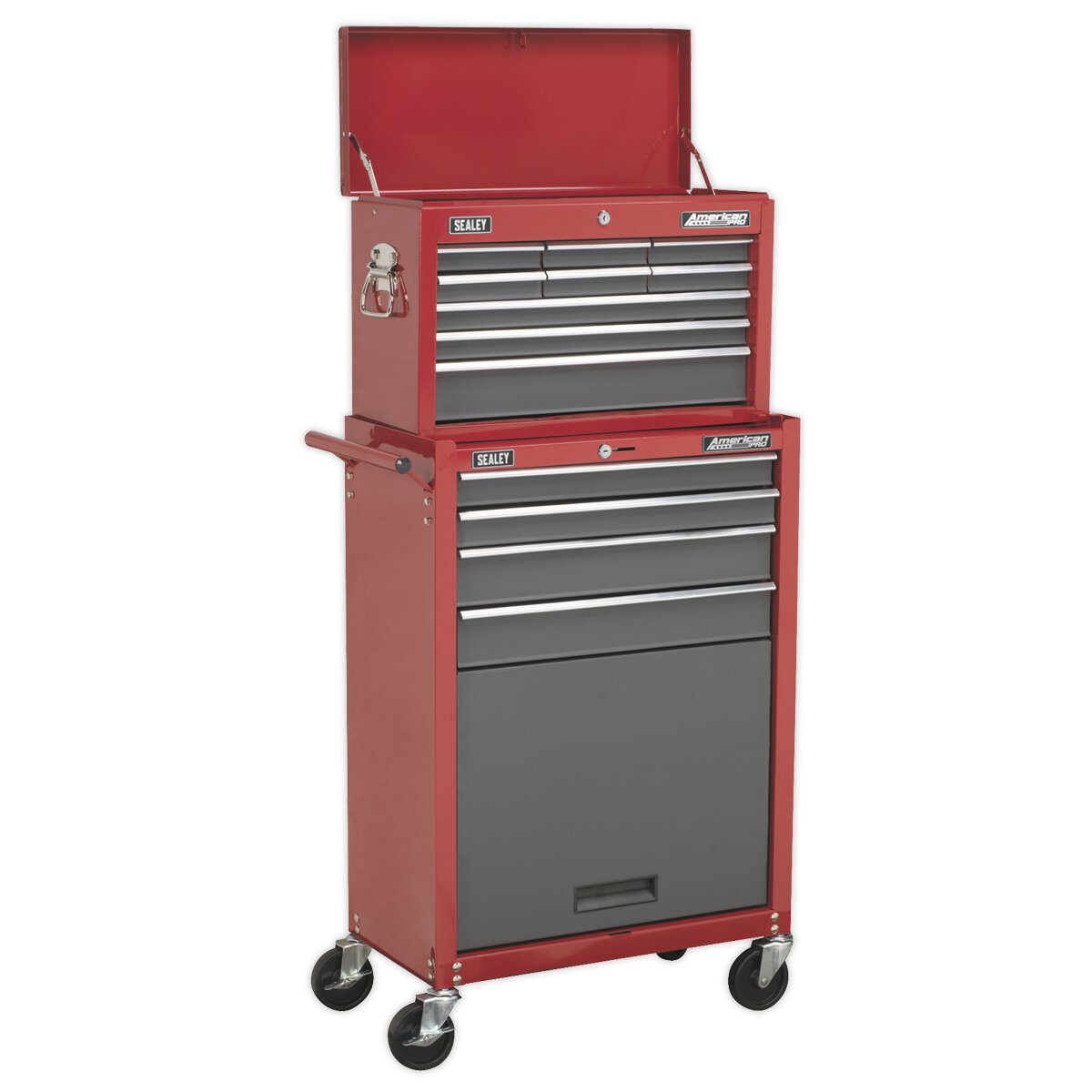 Topchest & Rollcab Combination 13 Drawer with Ball Bearing Slides - Red/Grey