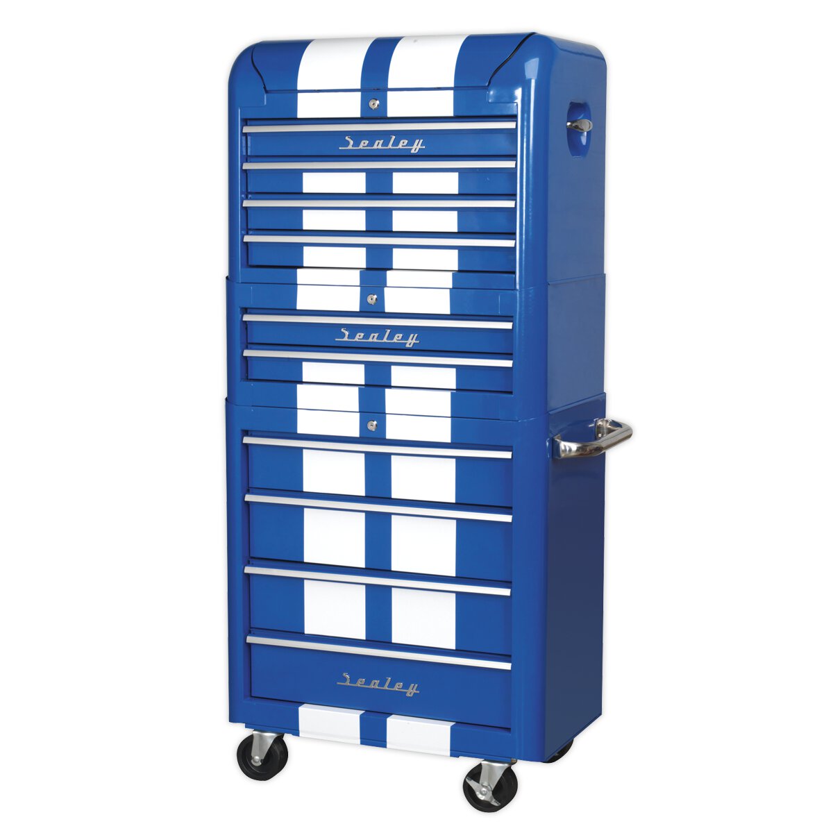 Retro Style Topchest, Mid-Box & Rollcab Combination 10 Drawer Blue/White Stripes