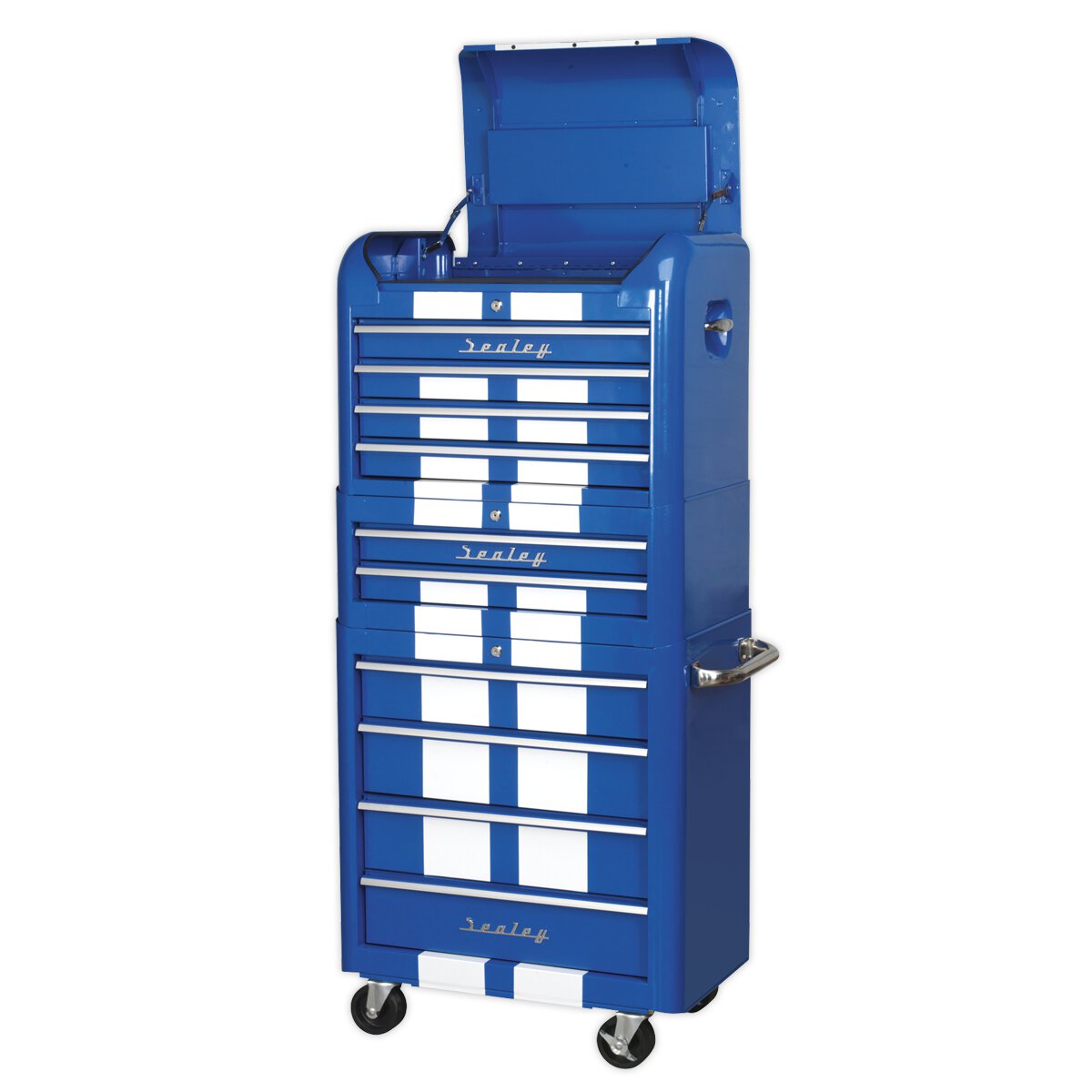 Retro Style Topchest, Mid-Box & Rollcab Combination 10 Drawer Blue/White Stripes