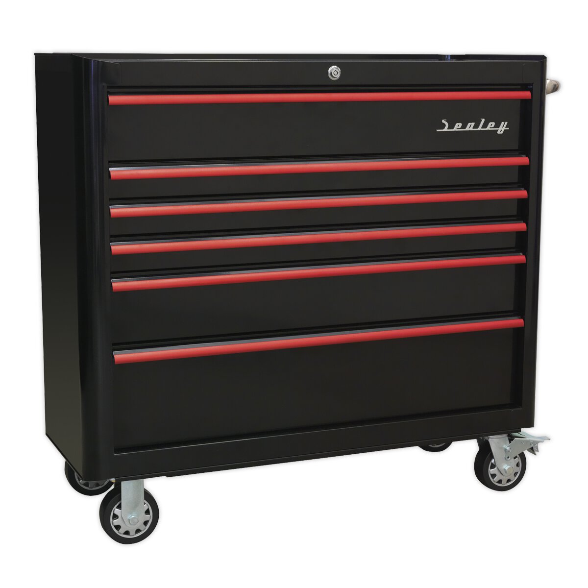 Rollcab 6 Drawer Wide Retro Style - Black with Red Anodised Drawer Pulls