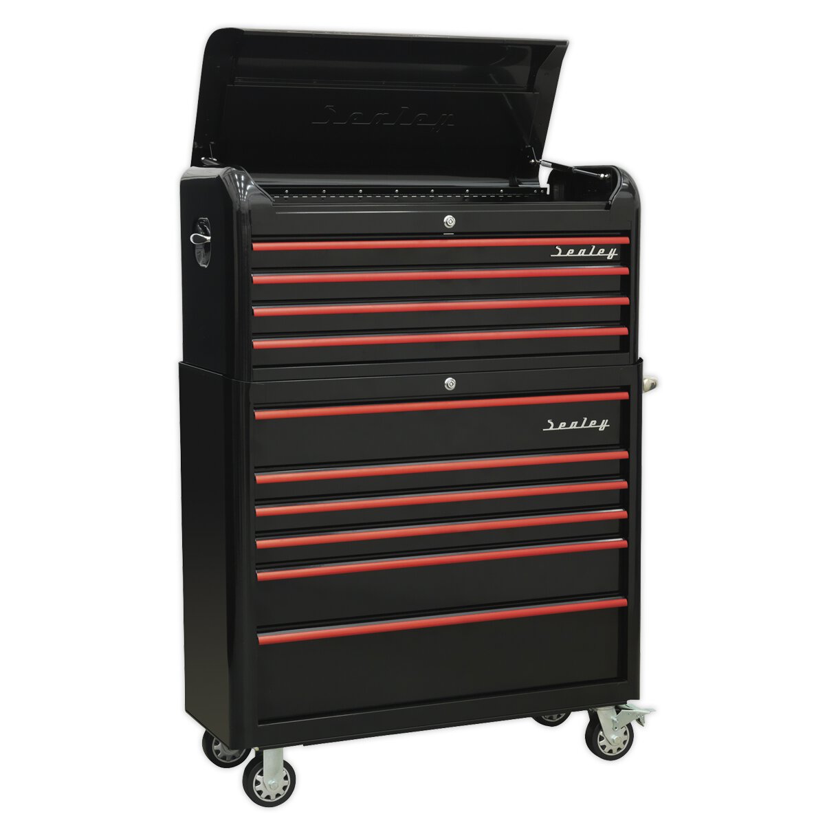 Retro Style Extra Wide Topchest & Rollcab Combination 10 Drawer-Black with Red Anodised Drawer Pull