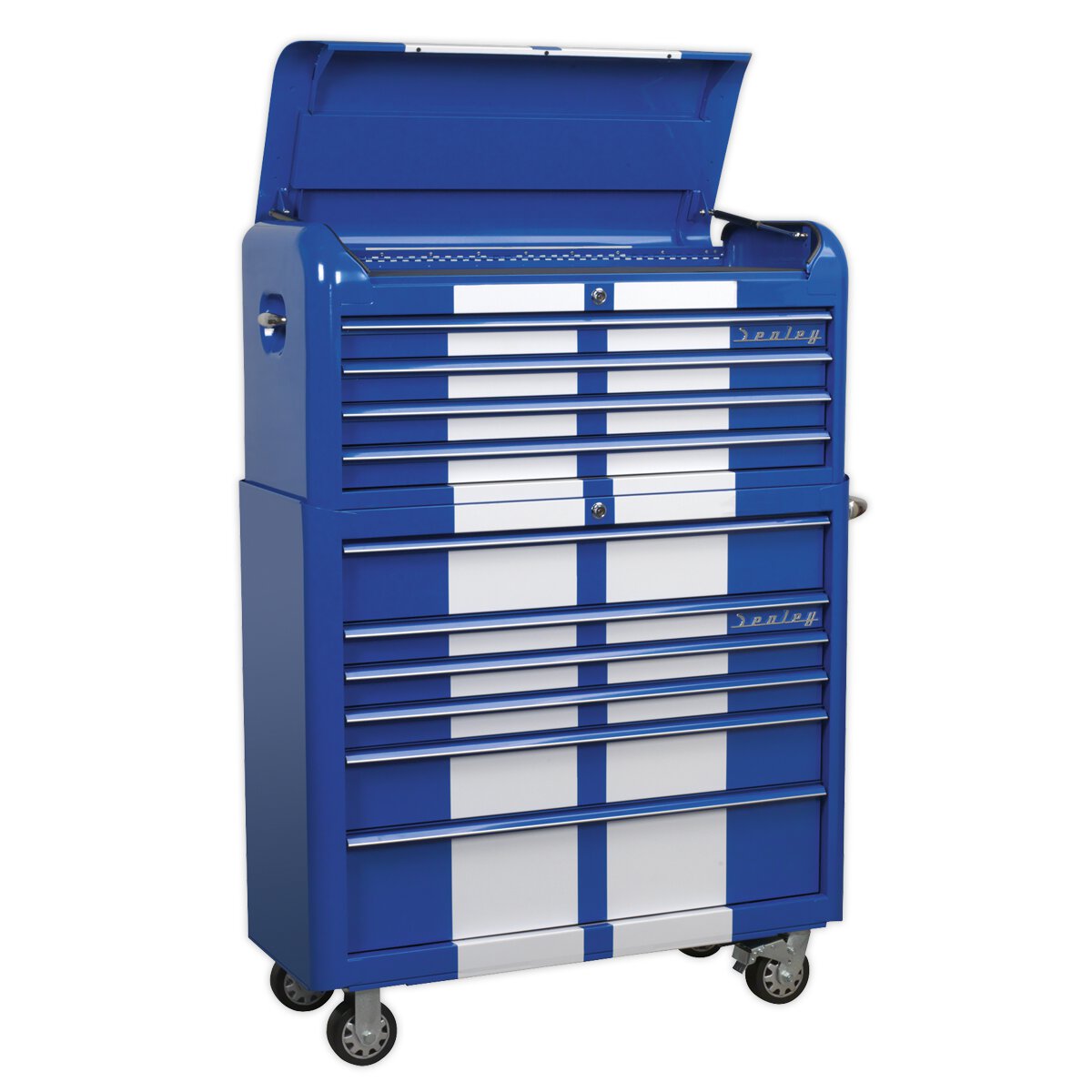 Retro Style Extra Wide Topchest & Rollcab Combination 10 Drawer Blue/White Stripes