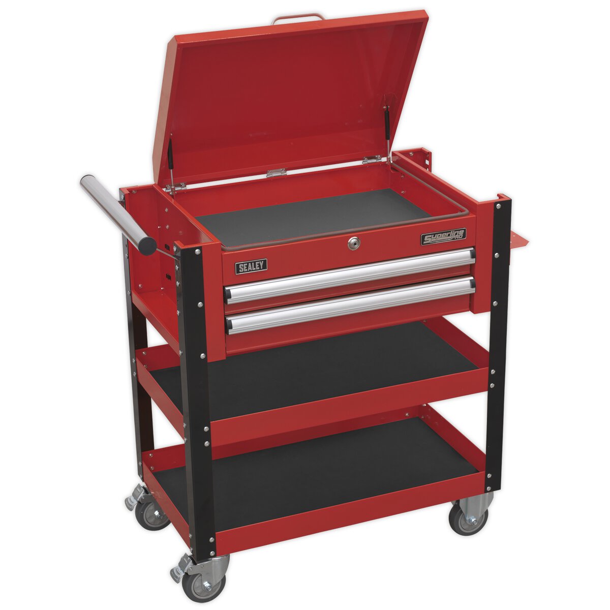 Heavy-Duty Mobile Tool & Parts Trolley 2 Drawers & Lockable Top - Red