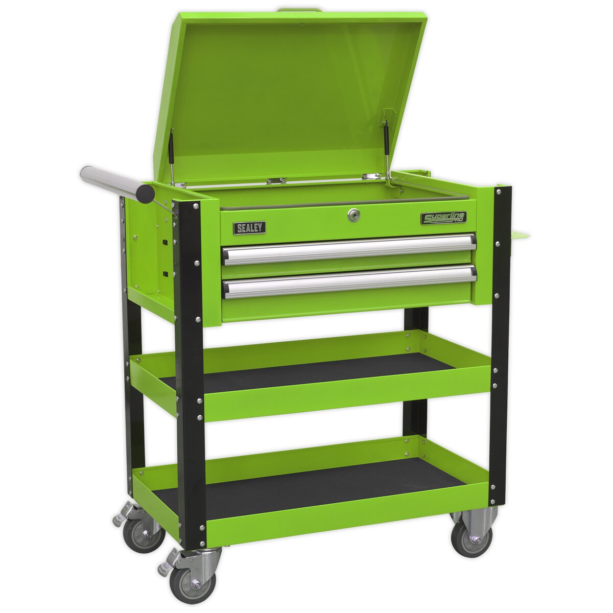 Heavy-Duty Mobile Tool & Parts Trolley 2 Drawers & Lockable Top - Hi-Vis Green