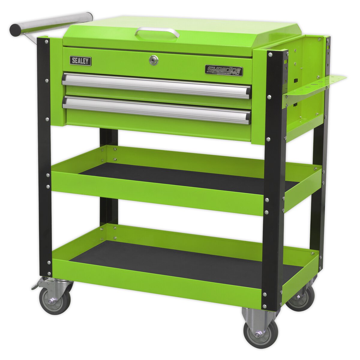 Heavy-Duty Mobile Tool & Parts Trolley 2 Drawers & Lockable Top - Hi-Vis Green
