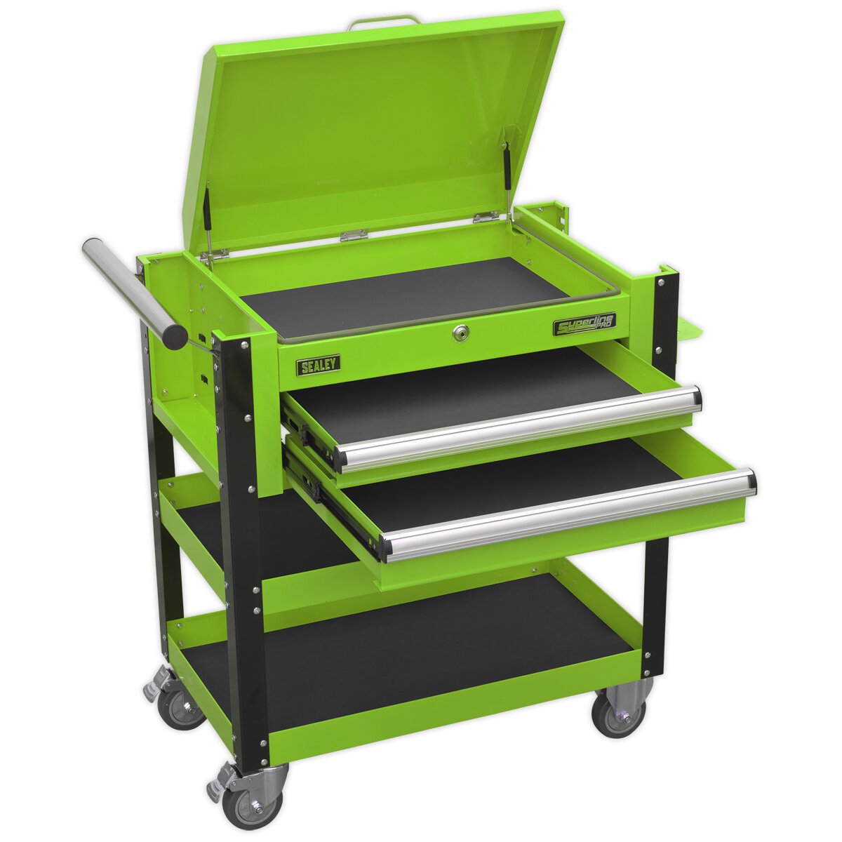 Heavy-Duty Mobile Tool & Parts Trolley 2 Drawers & Lockable Top - Hi-Vis Green