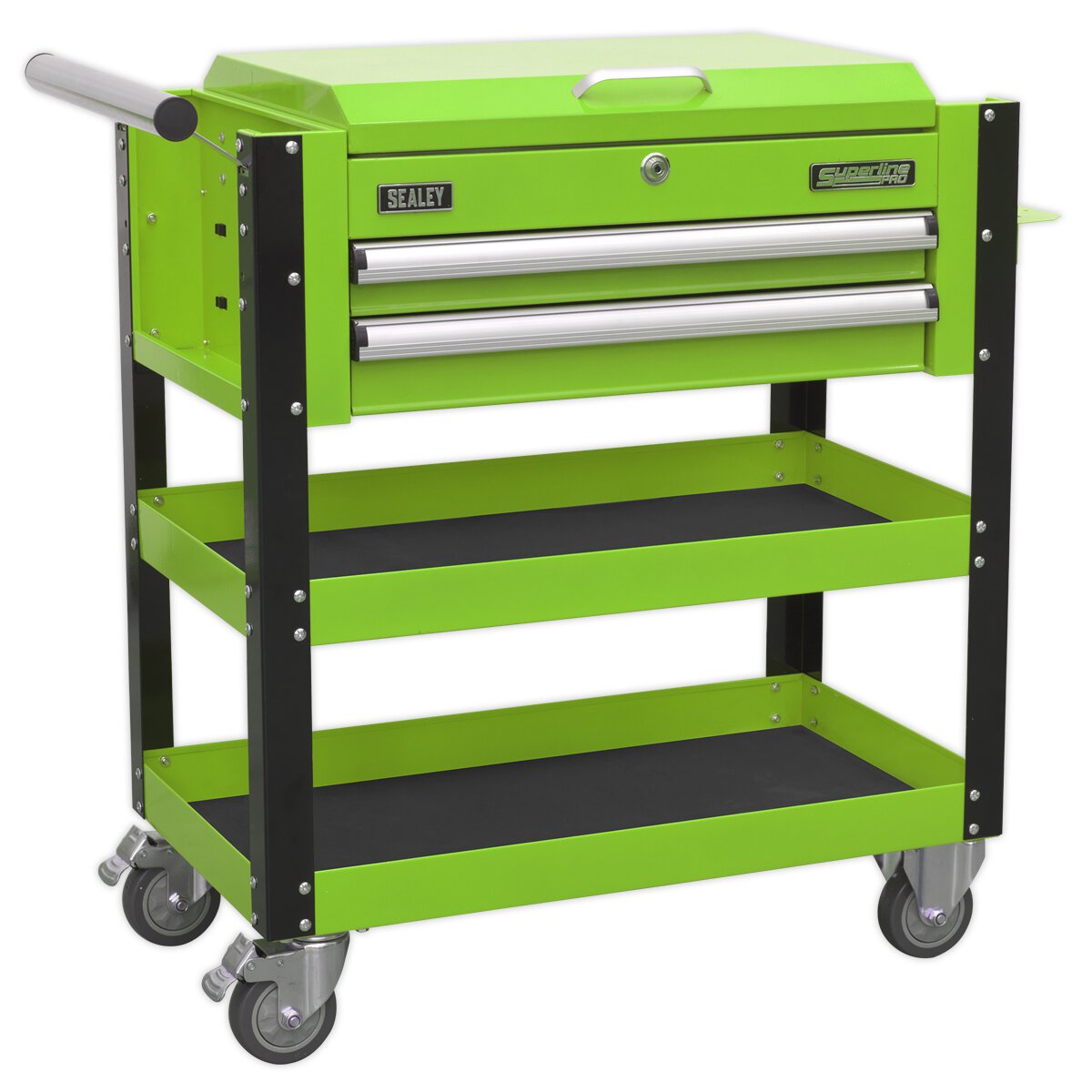 Heavy-Duty Mobile Tool & Parts Trolley 2 Drawers & Lockable Top - Hi-Vis Green