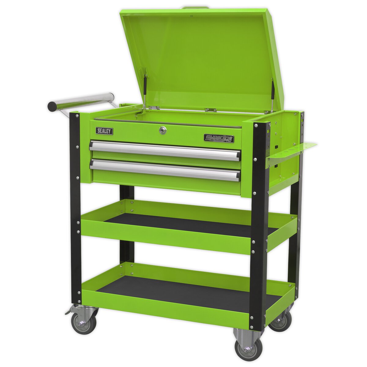 Heavy-Duty Mobile Tool & Parts Trolley 2 Drawers & Lockable Top - Hi-Vis Green