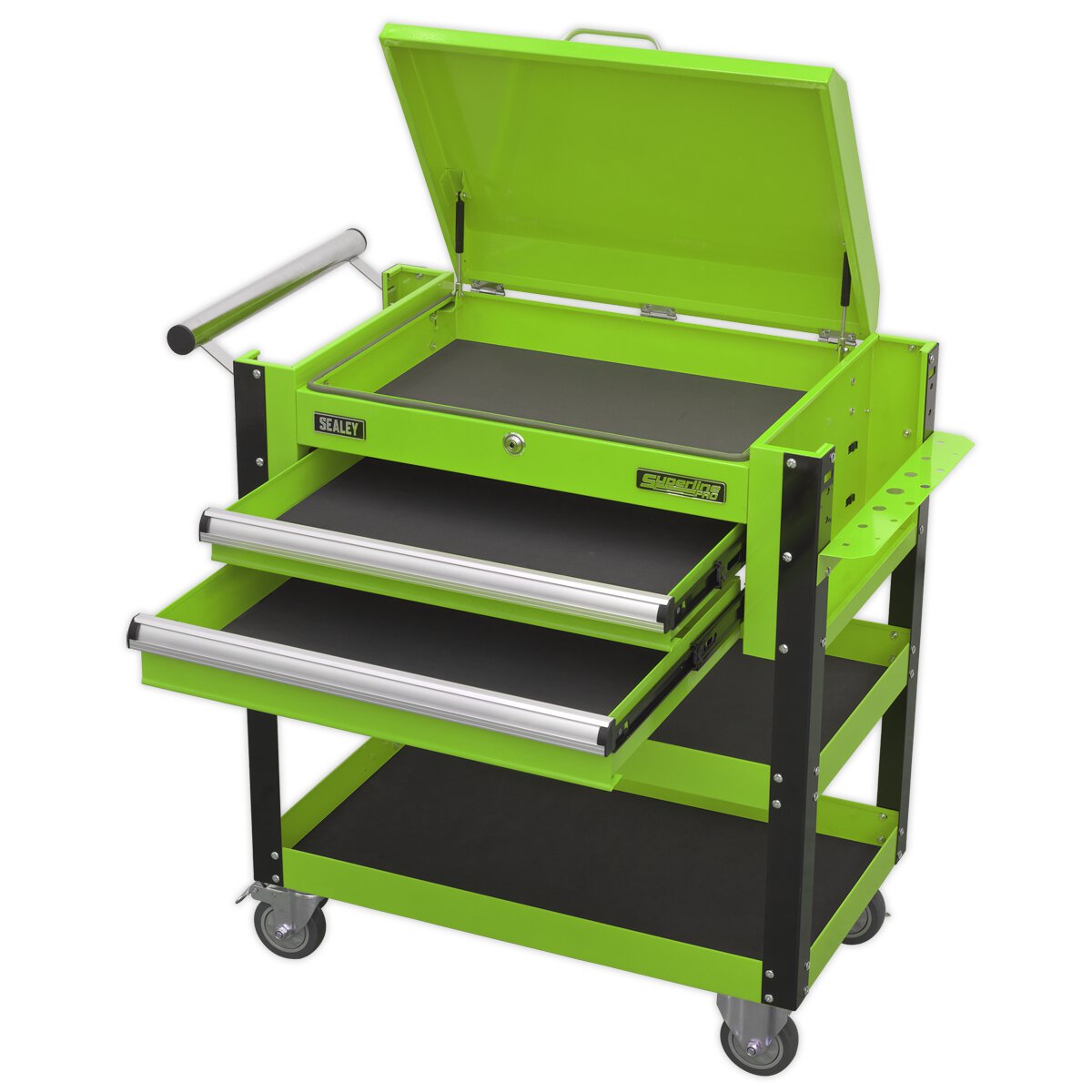 Heavy-Duty Mobile Tool & Parts Trolley 2 Drawers & Lockable Top - Hi-Vis Green