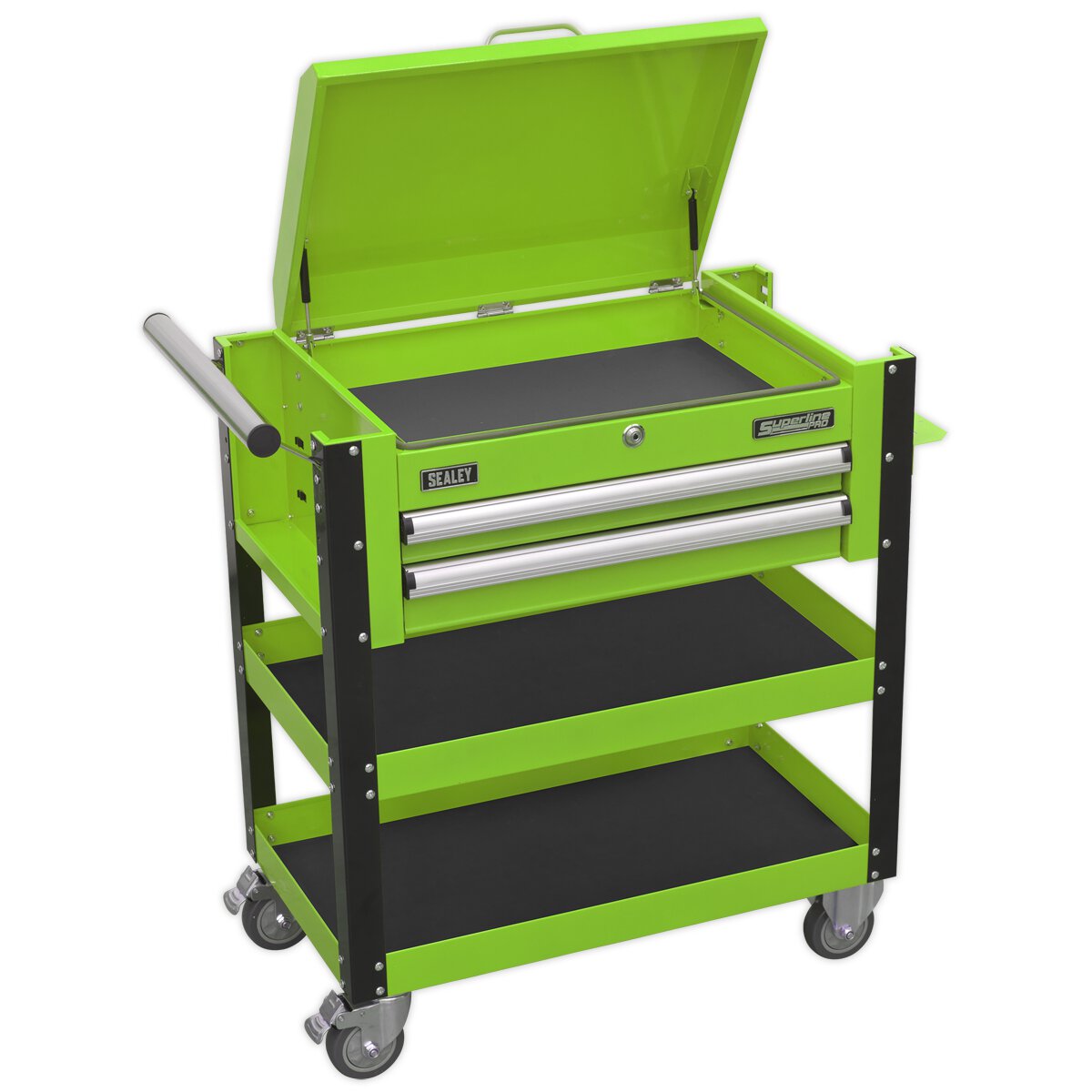 Heavy-Duty Mobile Tool & Parts Trolley 2 Drawers & Lockable Top - Hi-Vis Green