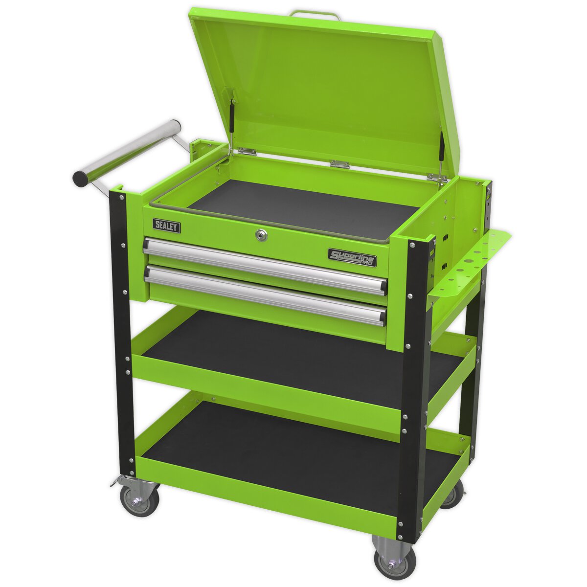 Heavy-Duty Mobile Tool & Parts Trolley 2 Drawers & Lockable Top - Hi-Vis Green