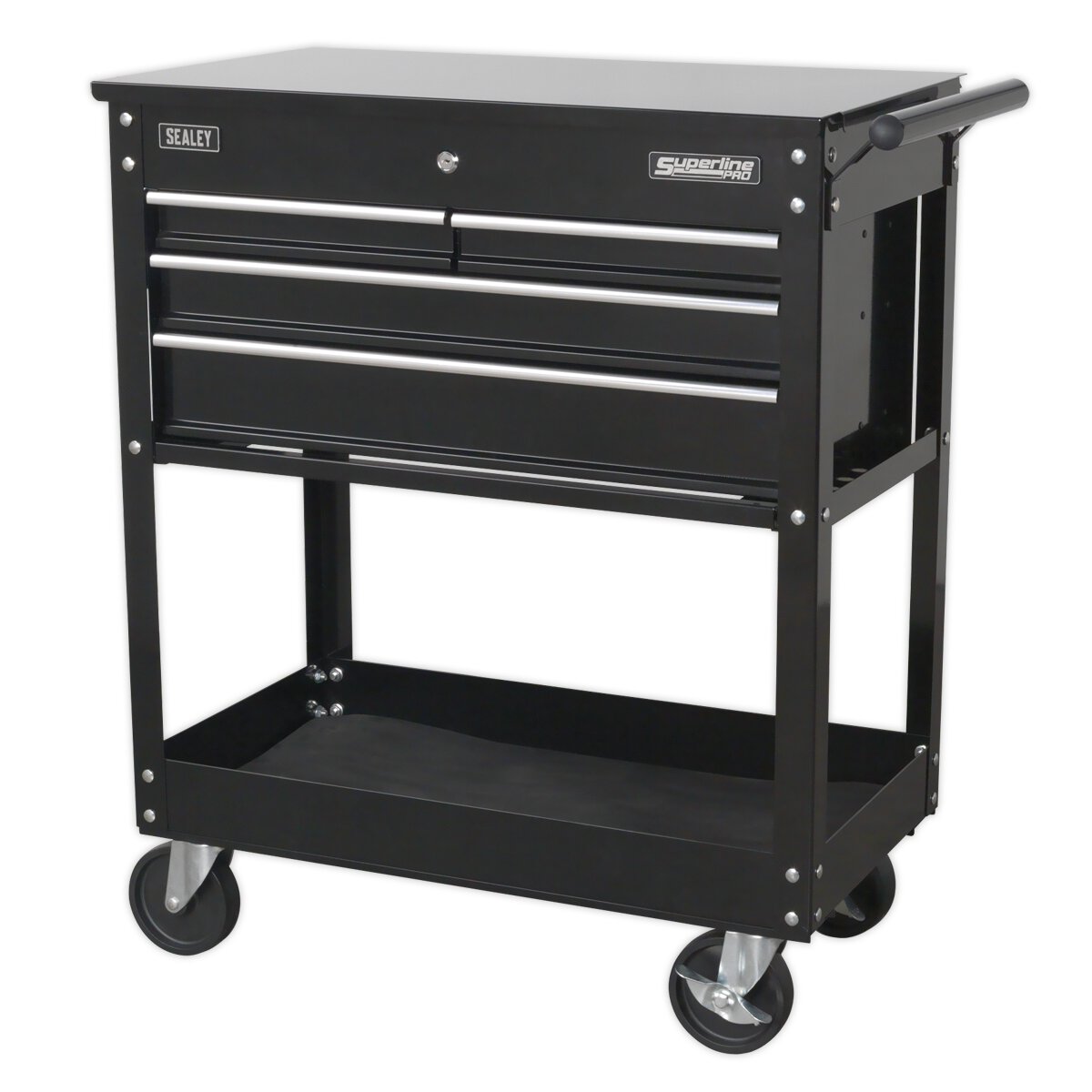 Heavy-Duty Mobile Tool & Parts Trolley with 4 Drawers & Lockable Top - Black