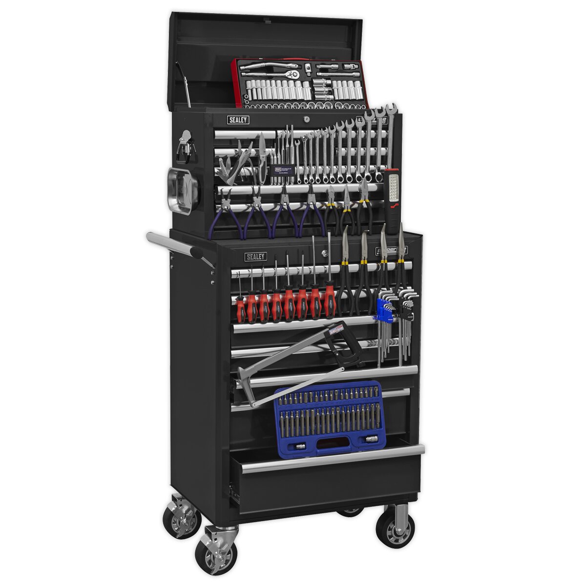 Topchest & Rollcab Combination 15 Drawer with Ball Bearing Slides - Black & 147pc Tool Kit