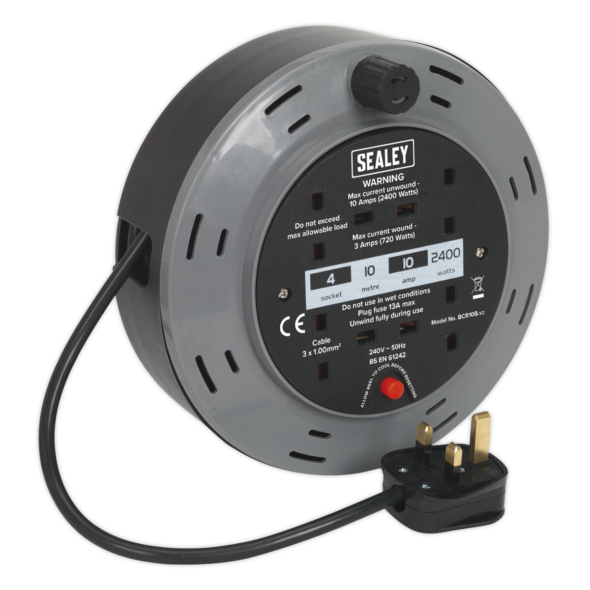 Cassette Type Cable Reel 10m 4 x 230V 1.00mm² Thermal Trip
