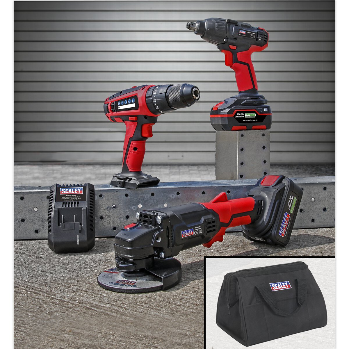 20V Cordless 13mm Hammer Drill/1/2"Sq Drive Impact Wrench/Ø115mm Angle Grinder Combo Kit