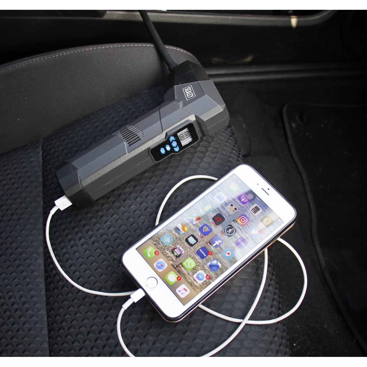 Compact Rechargeable Tyre Inflator & Powerbank with Work Light