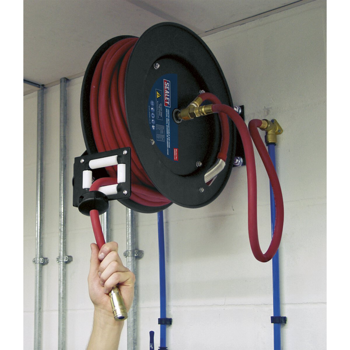 Retractable Air Hose Metal Reel 15m Ø10mm ID Rubber Hose