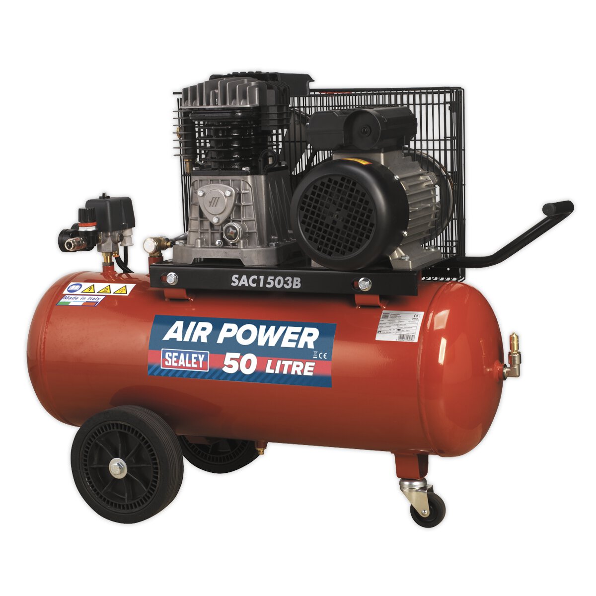 Compressor 50L Belt Drive 3hp with Cast Cylinders & Wheels
