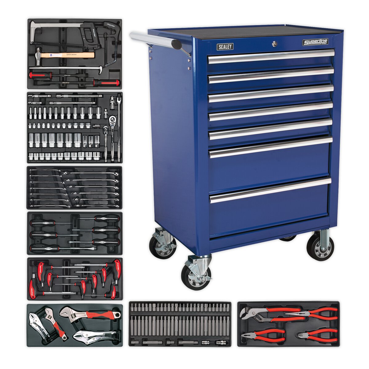Rollcab 7 Drawer - Ball Bearing Slides - Blue with 156pc Tool Kit