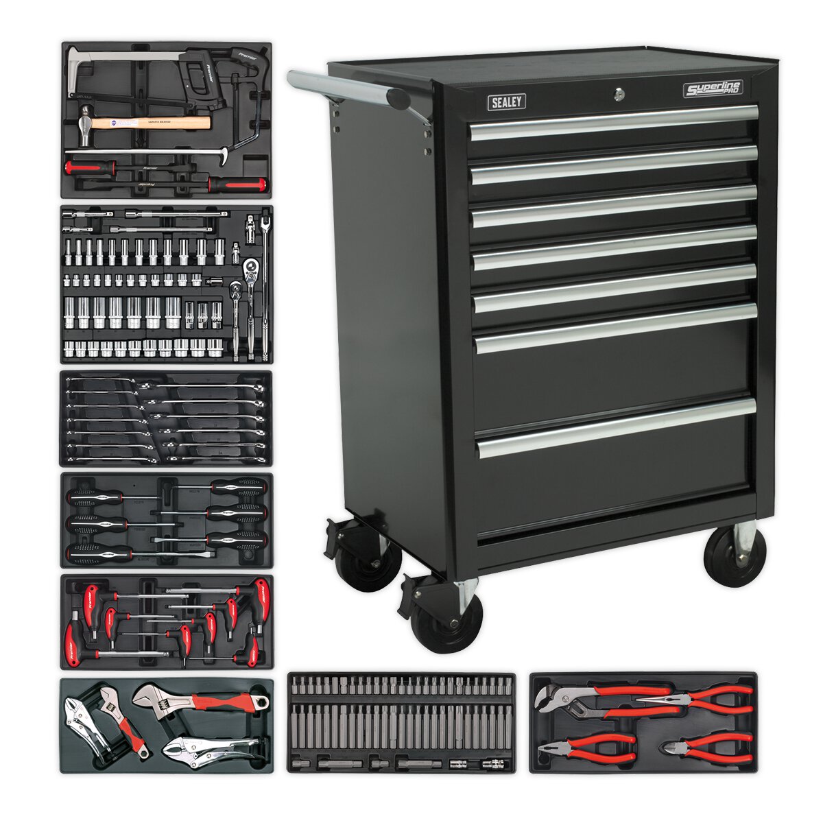 Rollcab 7 Drawer - Ball Bearing Slides - Black with 156pc Tool Kit