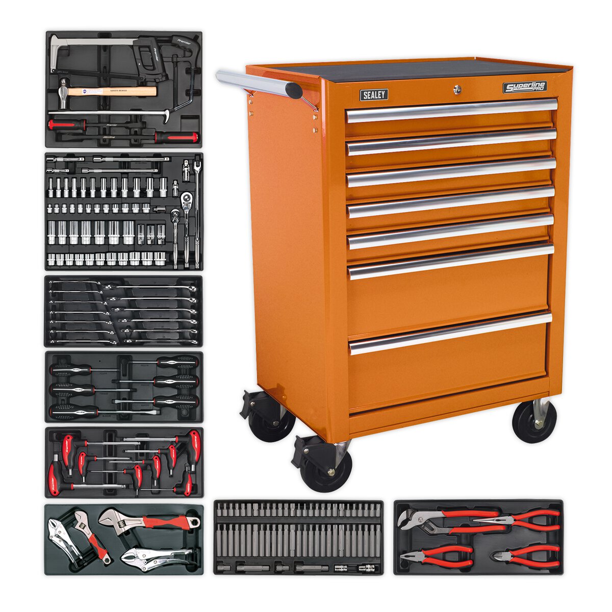 Rollcab 7 Drawer - Ball Bearing Slides - Orange with 156pc Tool Kit