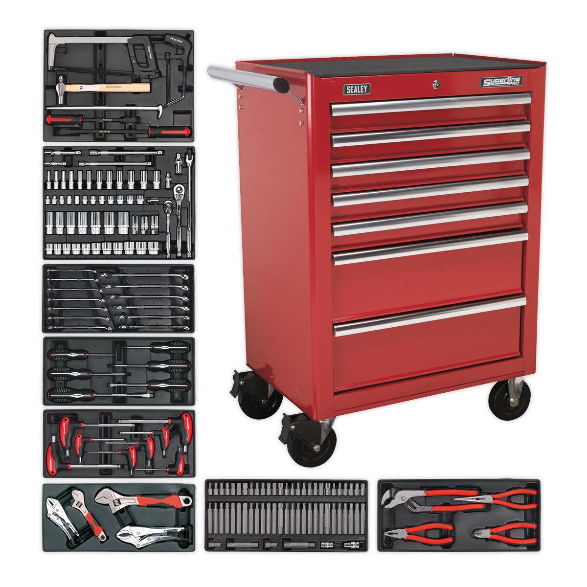 Rollcab 7 Drawer - Ball Bearing Slides - Red with 156pc Tool Kit